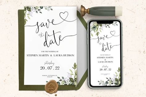 AMELIA Save the Date Template Eucalyptus Save the Date - Etsy Canada Cellphone Template, Digital Save The Date Ideas, Greenery Template, Destination Wedding Checklist, Digital Save The Date, Save The Date Digital, Electronic Save The Date, Save The Date Template, Save The Date Templates