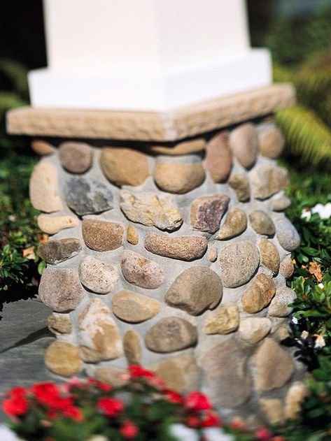 Stone veneer  It's a great option for dressing up exterior features such as concrete foundations, column footings, and other masonry details. Natural and manufactured stone can be costly options for large expanses, but both are affordable and well suited for use as accent material. Metal Joints, Carport Ideas, Commercial Landscape, Dream Ideas, Retirement House, House Pictures, Porch Columns, Bungalow Exterior, Build Plans