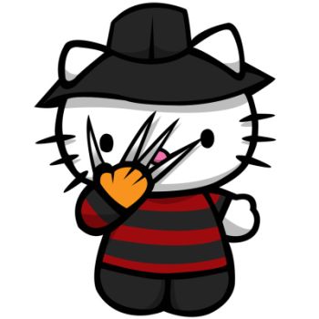 Hello Kitty Halloween Characters, Hello Kitty As Different Characters, Hello Kitty Freddy Krueger, Hello Kitty Horror Wallpaper, Freddy Krueger Hello Kitty, Hello Kitty Jason, Hello Kitty As Horror Movies, Hello Kitty Horror Characters, Horror Character Drawings