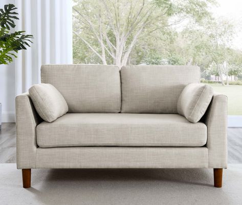 Loveseats For Small Spaces, Mid Century Modern Couch, Couch And Loveseat, Leather Loveseat, Wooden Leg, Living Room Furniture Sofas, Loveseat Sofa, White Pillows, Furniture Styles