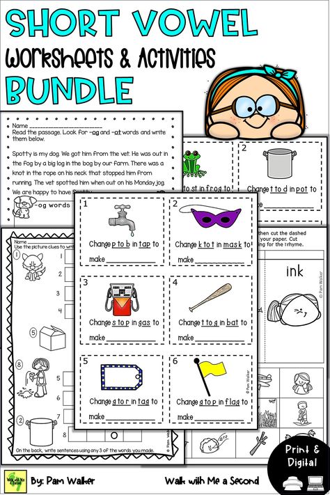 Add spark to teaching or reviewing short vowels with this kindergarten, first, and second grade phonics bundle covering all 5 vowels. The formats are similar so mixing and matching is possible, when students are ready. It's jam-packed with teaching pieces, games, center tasks, and worksheets. Grab your bundle today, you'll be glad you did. Second Grade Phonics, Cvc Word Work, Short Vowel Worksheets, Teach Phonics, Vowel Worksheets, Second Grade Resources, Cvc Word, Teaching First Grade, First Grade Resources