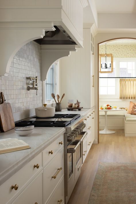 Coronado G - South Harlow Interiors #kitchen #hood #rangehood #kitcheninspo #interiordesign #housebeautiful Farmhouse Kitchen Flooring, Patterned Window Treatments, Trendy Farmhouse Kitchen, Limestone Pavers, Millwork Details, Butcher Block Kitchen, Timeless Kitchen, Oak Panels, Zellige Tile