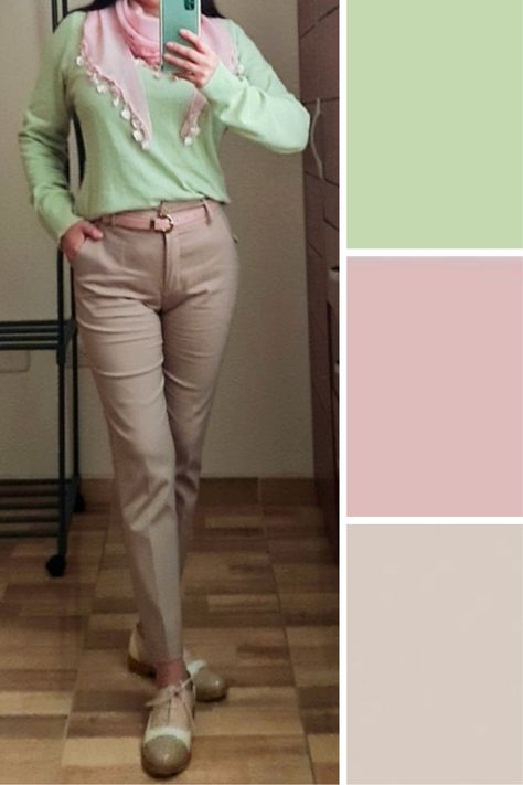 Light Green Outfit Color Combos, Light Green Combination Outfit, Seafoam Green Outfit Color Combos, Mint Green And Pink Outfit, Light Pink Color Combinations Outfit, Pastel Green Pants Outfit, Light Green Pants Outfit, Mint Green Outfit Ideas, Pink And Beige Outfit