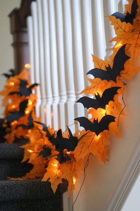 Halloween Stair Rail Decor, Halloween Decorations Garland, Halloween Garland For Stairs, Simple Indoor Halloween Decor, Halloween Staircase Decor Railings, Halloween Hanging Decor, Diy Halloween Garland Indoor, Halloween Decorations Indoor Ceiling, Halloween Banister Decor