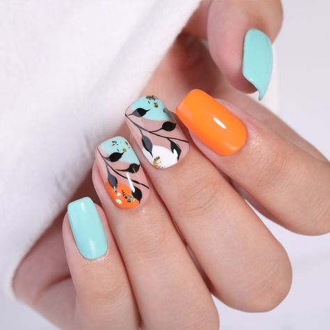 Orange And Teal Nails, Girls Nail Designs, Teal Nails, Nails Art Designs, Spring Acrylic Nails, Hippie Nails, Pretty Nail Designs, Cute Gel Nails, Easter Nails