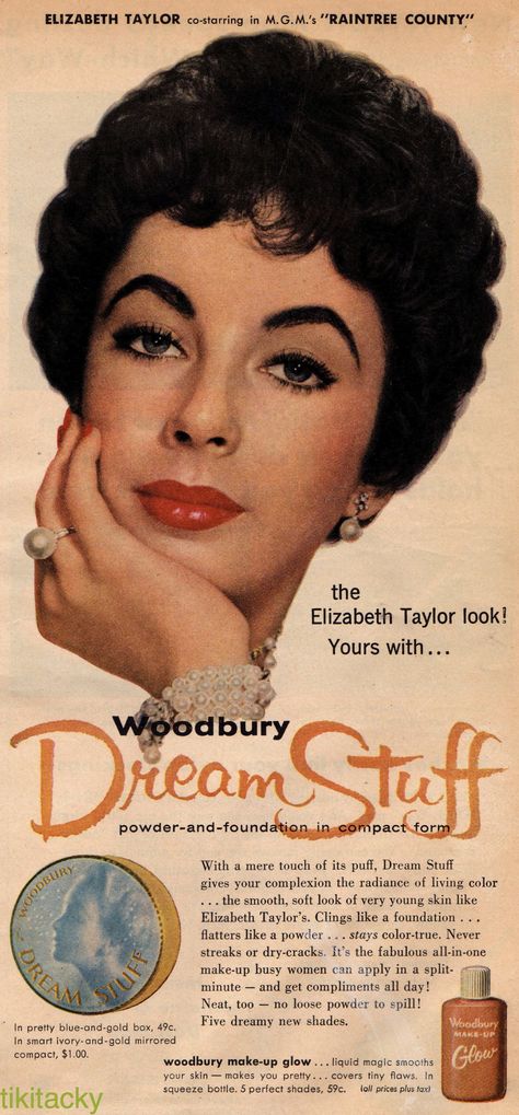 1956 Elizabeth Taylor 1950s Makeup, 50s Makeup, Vintage Makeup Ads, Makeup Ads, Retro Makeup, Retro Beauty, Liquid Makeup, Beauty Ad, Vintage Cosmetics