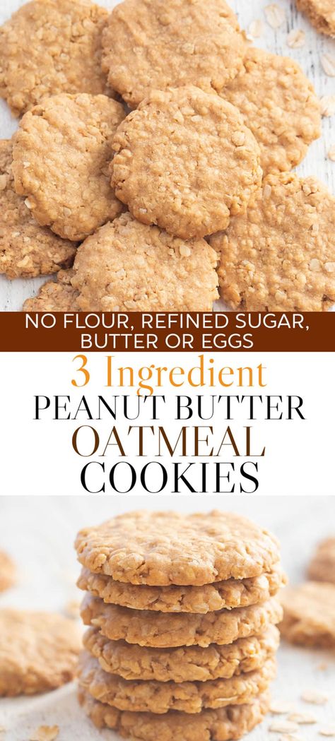 Easy crunchy peanut butter oatmeal cookies that take about 5 minutes to prepare and need only 3 ingredients. These cookies don't contain flour, refined sugar, dairy butter or eggs. 3 Ingredients Oatmeal Cookies, Oatmeal Peanutbutter Cookies Healthy, 3 Ingredient Peanut Butter Cookies Vegan, 3 Ingredient Oatmeal Banana Cookies, Oatmeal Peanut Butter Cookies No Flour, Healthy Oat Cookies 3 Ingredients, Three Ingredient Oatmeal Cookies, 2 Ingredient Oatmeal Cookies, Sugar Free Peanut Butter Oatmeal Cookies