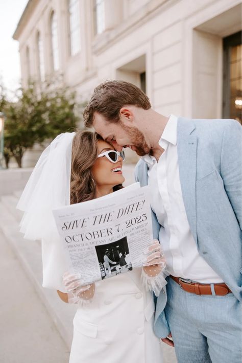 Trend Alert! Wedding Newspapers | OneFabDay.com Newspaper Photoshoot, Wedding Weekend Itinerary, Intimate Wedding Reception, Wedding Newspaper, Wedding G, Pre Wedding Photoshoot Outdoor, Engagement Pictures Poses, Wedding Hashtag, Save The Date Photos