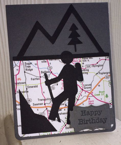 Sizzix Pop n Cuts and Going Places Cricut cartridge, Hiker, pg 109. Hiker and Mountain were cut @ 3". Card base was cut using Sizzix Pop n Cuts A2 with circle label 3-D pop-up. See next photo for the inside of the pop-up. Created by: Melanie Weise Mountain Card Diy, Hiking Birthday Cards Diy, Mountain Card, Bike Card, Circle Labels, Scrapbook Tutorial, Hiking Gifts, Cards For Men, Travel Cards