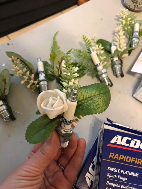 Car Guy Boutonniere, Spark Plug Boutonniere, Race Car Wedding Cake, Mechanic Boutonniere, Piston Centerpiece Wedding Ideas, Race Theme Wedding Ideas, Truck Themed Wedding, Wrench Boutonniere, Mechanics Wedding Theme Decor