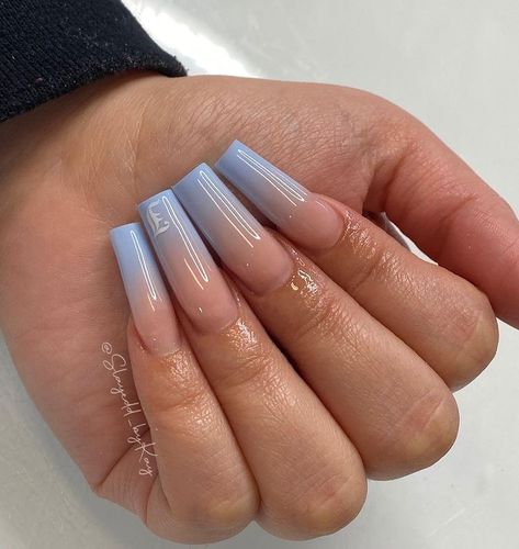 Ombre Acrylic Nails With Initial, Light Blue Nails With J Initial, Ombré Nails With Initial, Initial On Acrylic Nail, Initial Acrylic Nails Coffin, Nails With His Initials Blue, Blue Acrylic Nails With Initials On Them, Blue Nails With Initials Acrylic, Baby Boy Acrylic Nails