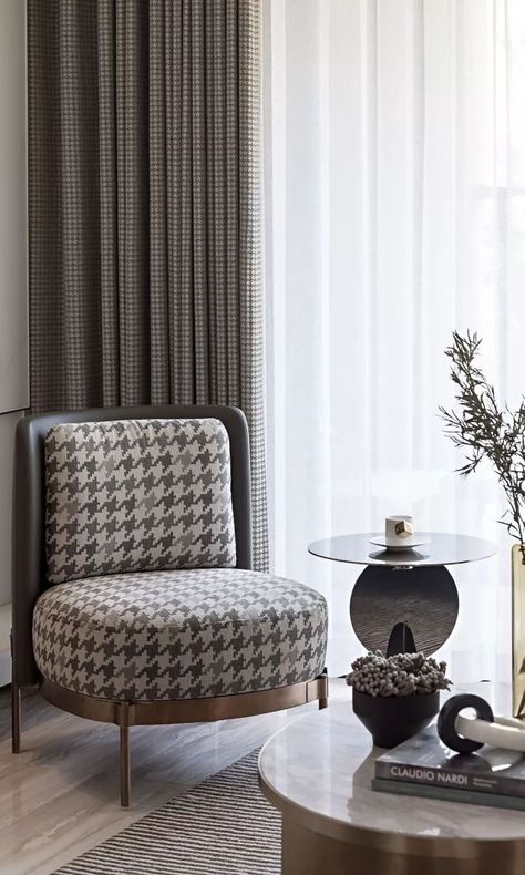 Houndstooth Chairs Living Rooms, Houndstooth Interior Design, Houndstooth Furniture, Houndstooth Living Room, Houndstooth Decor, Grey Japandi, Houndstooth Chair, Houndstooth Interior, Living Room Curtain