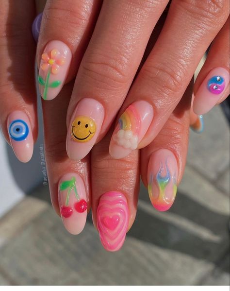 Mix Match Nails Summer, Mix Match Nails, Teen Nails, Kids Nail Designs, Boho Nails, Retro Nails, Hello Nails, Cute Simple Nails, Summery Nails