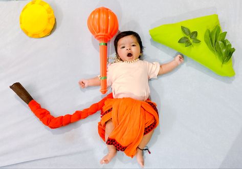 The photo was for Hanuman Jayanti. Simple Photo Ideas, Baby Hanuman, Born Baby Photos, Baby Shoot, Monthly Photos, Indian Festival, Animal Crafts For Kids, Naming Ceremony, Simple Photo