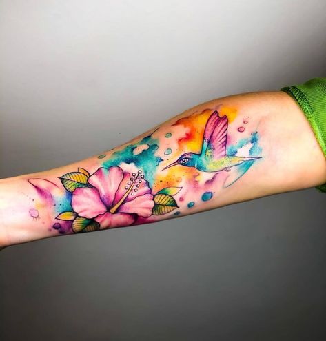 Tropical Watercolor Tattoo, Hawaiian Sleeve Tattoo, Hibiscus Watercolor Tattoo, Flower On Hand Tattoo, Colorful Arm Tattoos, Hibiscus Tattoo Color, Tropical Tattoos For Women, Bright Flower Tattoos, Artful Tattoos