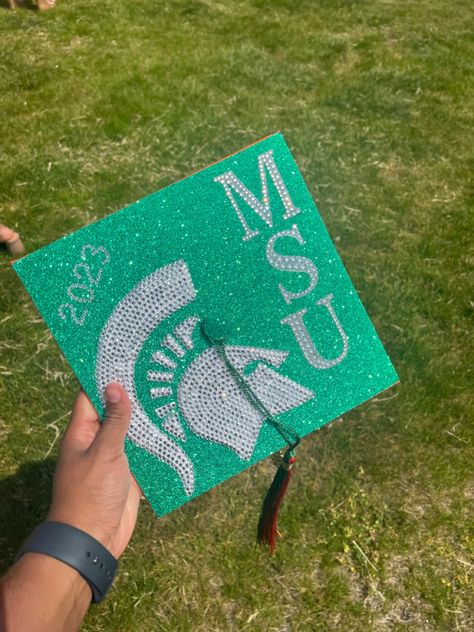 MSU graduation cap, MSU, 💚🤍 Grad Caps, Cap Decoration, Cap Ideas, Graduation Cap Decoration, Cap Decorations, Grad Cap, Grad Party, Michigan State, Grad Parties