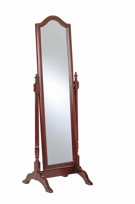 This Cheval mirror has a design and style that looks as immaculate as you do. Clean, simple lines down the side are accentuated by a bonnet top for character. The mirror is tall enough to make sure you look good from head to toe. Sturdy base allows for flipping the mirror to check all the angles of your outfit. Elegant mirror comes in brown red finish that complements any room of your home. Traditional cheval standing mirror has an antique feel Frame features arched top and stand with turned pos Cool Floor Length Mirror, Branded Coasters, Elegant Mirror, Brown Floor, Full Length Floor Mirror, Outfit Elegant, Cheval Mirror, Crimson Peak, Elegant Mirrors