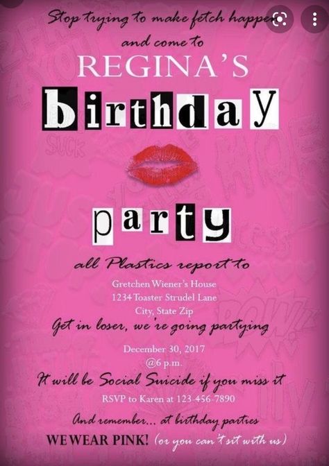 Regina George Birthday Party, 28 Birthday Ideas Women Party, Mean Girls 13th Birthday Party, Mean Girls Party Invitations, Mean Girls Birthday Invitations, Bratz Vs Barbie Party Invitations, 28th Birthday Ideas, Sweet Sixteen Party Themes, Mean Girls Party