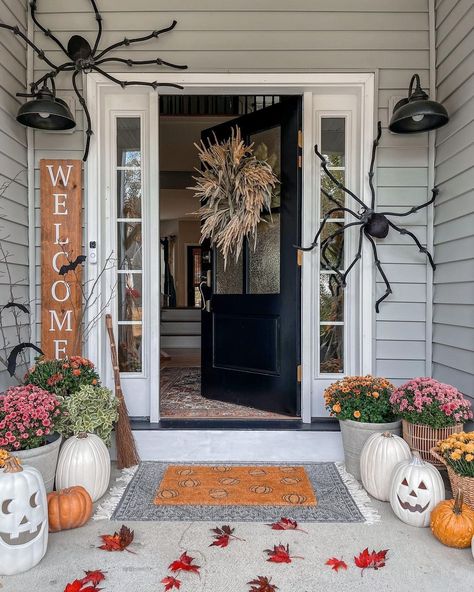 Is your home good to go for Halloween this year or are you still missing some last-minute decorations and prompts? 🕷️🎃⁠ ⁠ 📸@peoniesandtwine Fall Entryway Decor, Entrance Mats, Coconut Husk, Fall Entryway, Rich Aesthetic, Halloween Front Porch Decor, Cozy Fall Decor, Fall Front Porch Decor, Halloween Front Porch