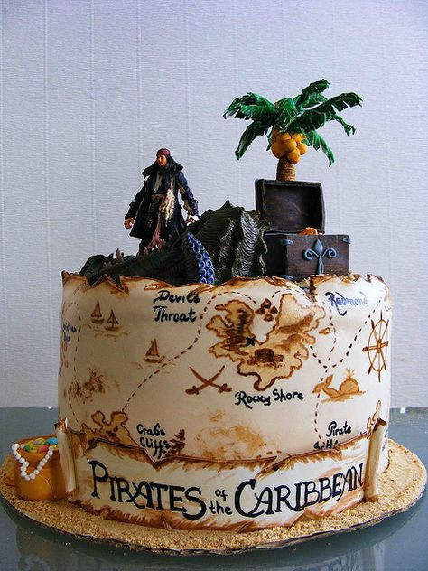 probably too ambitious for my skill level but a very cool idea for James's birthday.  pirates of the caribbean cake - MouseTalesTravel.com Pirates Of The Caribbean Cake, Caribbean Cake, Pirate Birthday Cake, Rodjendanske Torte, Torte Creative, Caribbean Party, Disney Birthday Cakes, Pirate Cake, Torte Cupcake