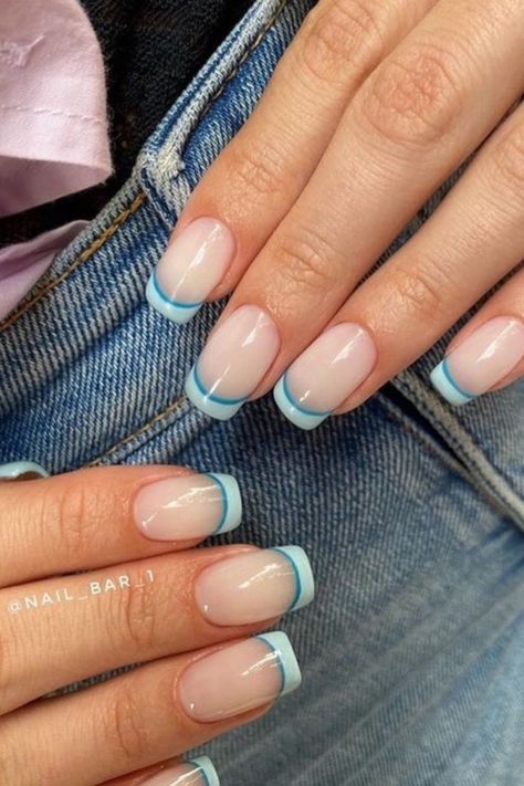 Two Toned French Manicure, Nails To Match Teal Dress, French Nails With Color Line, French Tip Nails With Line Under, Beachy French Tip Nails, 2 Tone French Tip Nails, Two Tone French Tip Nails, Double Line French Tip Nails, Double French Tip Nails