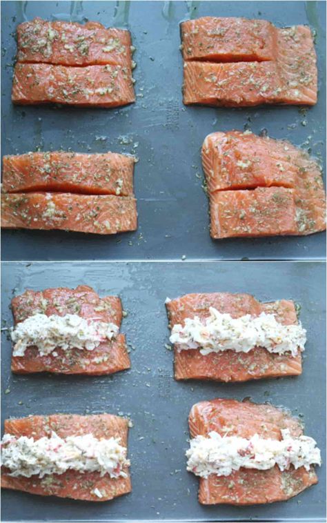 Simple salmon recipe with a creamy crab stuffing. The best stuffed salmon recipe. Simple Salmon Recipe, Crab Stuffing, Stuffed Salmon Recipe, Crab Stuffed Salmon, Seafood Delight, Stuffed Salmon, Protein Meats, Keto Fast Food, Cheese Mozzarella