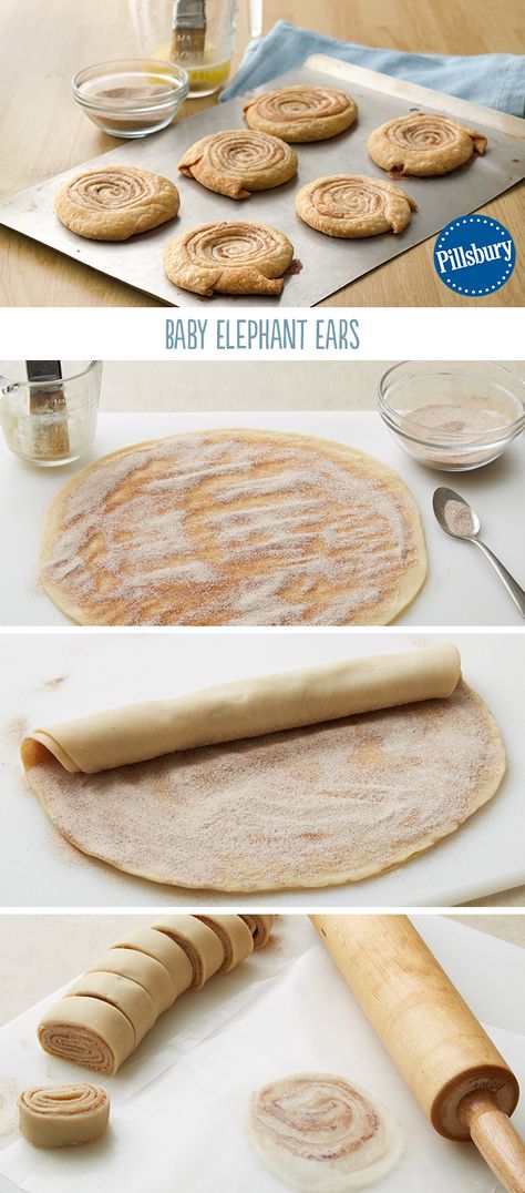 4 ingredients and you have yourself a treat that's yummy to eat! This Baby Elephant Ears recipe brings back memories that you can pass on to your children. The best part? Your kitchen will smell AMAZING afterwards. Elephant Party Ideas, Elephant Ears Recipe, Baby Elephant Ears, Pillsbury Recipes, Elephant Party, Dessert Simple, Baby Elephants, Elephant Ears, Smell Amazing