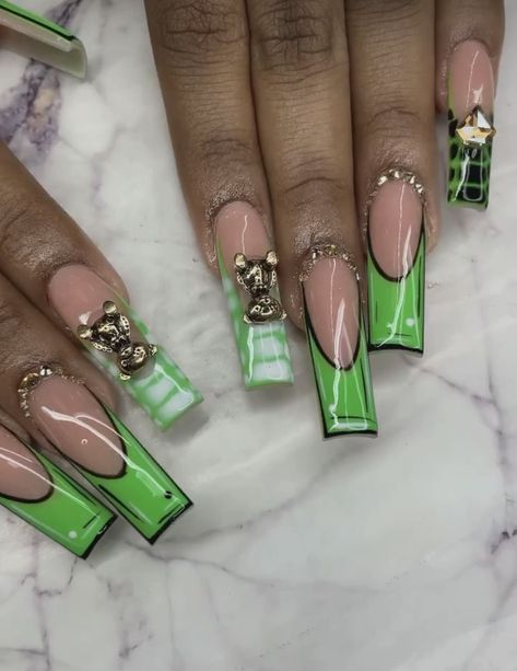 Green And Black Acrylic Nails Designs, Nail Designs Green And Black, Black White And Green Nails, French Tips Long Nails, Black And Green Nails Designs, 20th Birthday Nails, French Tips Long, Black And Green Nails, Green And Black Nails