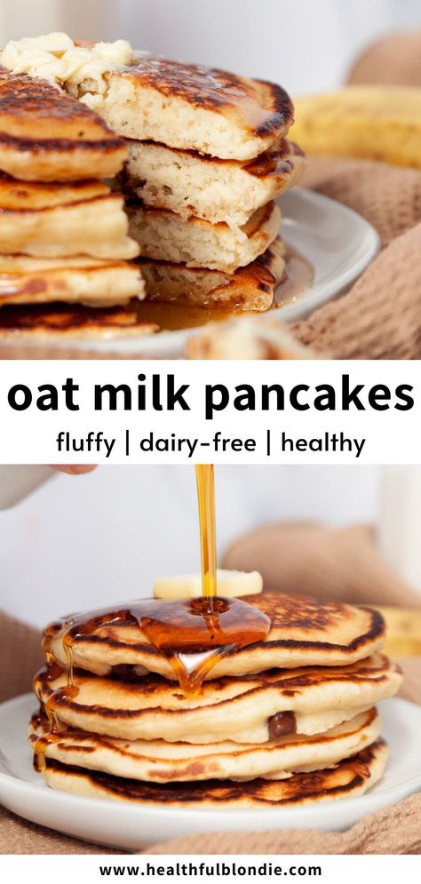 dairy-free quick and easy ultra-fluffy oat milk pancakes Fluffy Oat Flour Pancakes, Non Dairy Pancake Recipe, Oat Milk Pancake Recipe, Healthy Dairy Free Pancakes, Fluffy Oat Pancakes, Pancakes With Oat Milk, Oatmilk Pancakes Recipe, Baking With Oat Milk, Pancakes With Milk