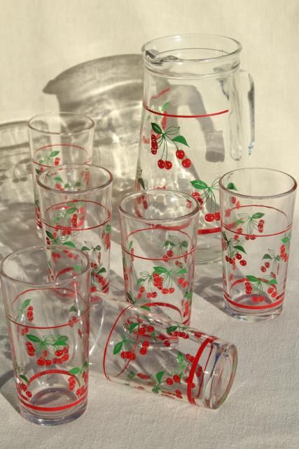 red cherry print glass pitcher & drinking glasses, vintage glassware set made in Italy Retro Drinking Glasses, Vintage Glassware Aesthetic, Painted Drinking Glasses, Funky Glassware, Accent Walls In Bedroom, Aesthetic Glassware, Thrifted Glassware, Vintage Glasswear, Walls In Bedroom