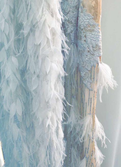 Feather appliqué details in the showroom. Feathered Fabric, Feathers Aesthetic, Aemma Arryn, Swan Aesthetic, Fabric Feather, Feather Fabric, Garbage Dump, Fabric Feathers, Dior Collection