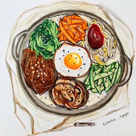 An illustration of Korean Bibimbap by me Korean Food Watercolor Painting, Bibimbap Drawing, Korean Food Illustration Art, Bibimbap Illustration, Korean Food Drawing, Recipe Drawing Food Illustrations, Korean Food Illustration, Korean Food Art, Food Drawing Ideas