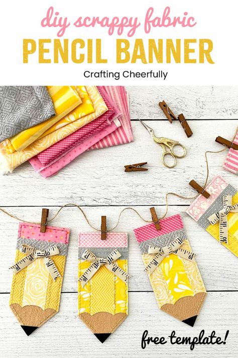 Learn how to make a sweet fabric pencil banner using felt and fabric scraps! This banner is a fun way to decorate for back-to-school and is perfect for learning spaces. Grab my free template to help you get started! Sewing Banner Ideas, Sewing For The Classroom, Back To School Garland Diy, Diy Scrap Fabric Ideas, Sewing Banner Design, Teacher Sewing Projects, Sew Teacher Gifts, Diy Pencil Decoration Ideas, Banner Sewing Pattern