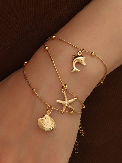 1pc Quality Beach Ocean Resort Wind Stainless Steel Starfish Shell Dolphin Round Snake Beaded Ladies Bracelet, Suitable For Everyday, Gift, Fashion Accessories Yellow Gold    Stainless Steel     Women Fashion Jewelry, size features are:Bust: ,Length: ,Sleeve Length: Greece Jewelry, Beach Vacation Style, Dolphin Jewelry, Ocean Resort, Stella Marina, Ladies Bracelet, Hiking Accessories, Everyday Gifts, Shell Bracelet