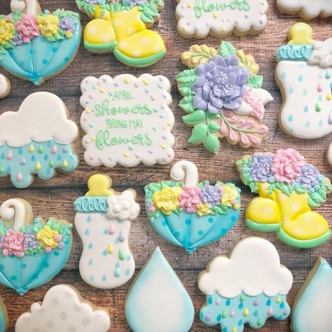 Rain Baby Showers, April Baby Shower, Favor Cookies, Floral Rain Boots, Floral Umbrellas, Strawberry Baby, Spring Cookies, Cookie Party