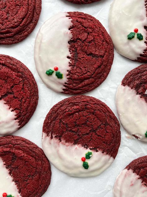 Red Velvet Pan-Banging Cookies | Sarah Kieffer Red Velvet Sourdough Cookies, Chewy Red Velvet Cookies, Red Velvet Mini Desserts, Christmas Red Velvet Cookies, Red Velvet Kiss Cookies, Cake Mix Cookies Red Velvet, Hidden Kiss Cookies, Redvelvet Cookies Recipe, Red Velvet Cookies Aesthetic