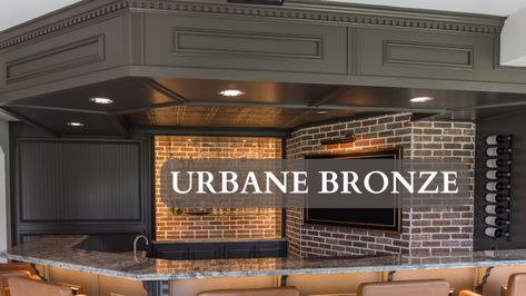 Urbane Bronze Paint Color on Cabinets Urbane Bronze Kitchen Cabinets, Urbane Bronze Cabinets, Bronze Paint Color, Roycroft Bronze Green, Basement Bar Cabinets, Brick Colonial House, Urbane Bronze, Bronze Paint, Corner Drawers