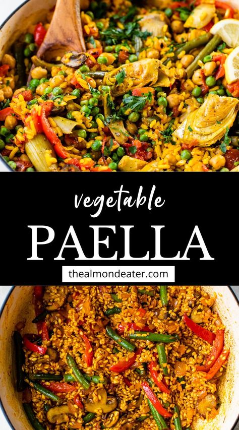 This Vegetable Paella recipe is easy to make in one pot with vibrant veggies, protein-packed chickpeas, and aromatic spiced rice. It’s ready in about 1 hour and can be enjoyed as a mouthwatering Spanish-inspired vegetarian and vegan-friendly main course! Veggie Paella Recipe, One Pot Rice Recipes Vegetarian, Protein Packed Vegan Meals, Vegetarian Main Course Recipes, Paella Recipe Vegetarian, Vegan Paella Recipe, Vegetarian Paella Recipe, Paella Vegetarian, Vegetarian Pastas