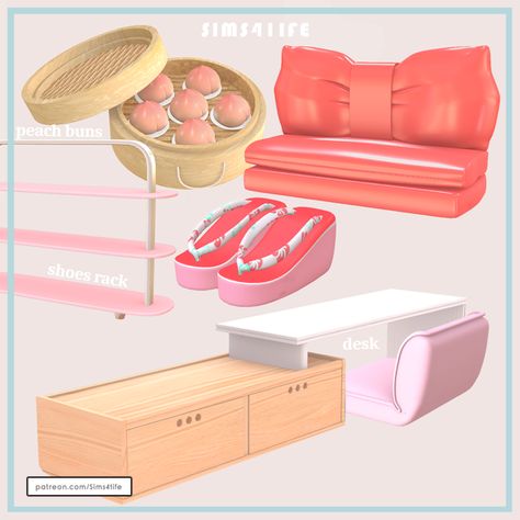 Ts4cc Build, Sims41ife Cc, Pastel Interior Design, Sims 4 Content, Pink Cabinets, Hello Kitty Decorations, Furniture Cc, Pastel Interior, Sims 4 Clutter