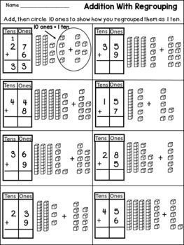 To add then circle 10 ones to show how you regrouped them as 1 ten. Double Digit Addition Worksheets, Double Digit Addition With Regrouping, Addition Worksheets First Grade, Addition With Regrouping Worksheets, Subtraction With Regrouping Worksheets, Addition And Subtraction With Regrouping, Addition With Regrouping, Double Digit Addition, Subtraction With Regrouping