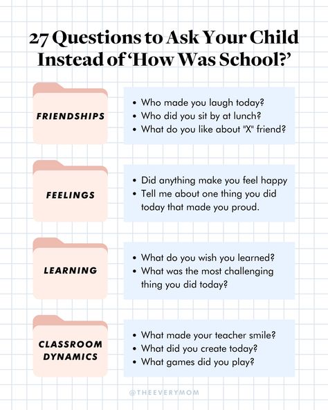 Things To Ask Instead Of How Was Your Day, Instead Of How Was Your Day, What To Ask Instead Of How Was Your Day, Questions To Ask Kids, Questions To Ask Your Kids, Conversation Starters For Kids, Empathy Cards, Kids Questions, 30 Questions