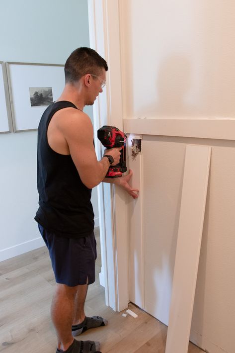 Easy Weekend Mudroom Refresh with a DIY Peg Rail and Shiplap Wall - Chelsey Freng Diy Peg Rail, Mini Mudroom, Fill Nail Holes, Basement Doors, Shiplap Boards, Peg Rail, Installing Shiplap, Easy Weekend Projects, Mudroom Lockers