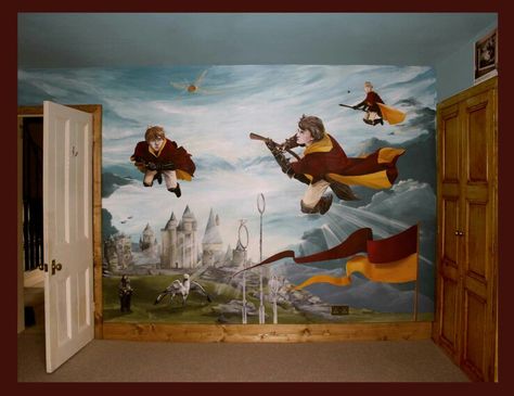 Hogwarts Quidditch mural Harry Potter Bedroom Wall, Harry Potter Wall Mural, Harry Potter Mural, Harry Potter Themed Bedroom, Harry Potter Bedroom Decor, Bedroom Wallpaper Murals, Stile Harry Potter, Harry Potter Painting, Harry Potter Nursery