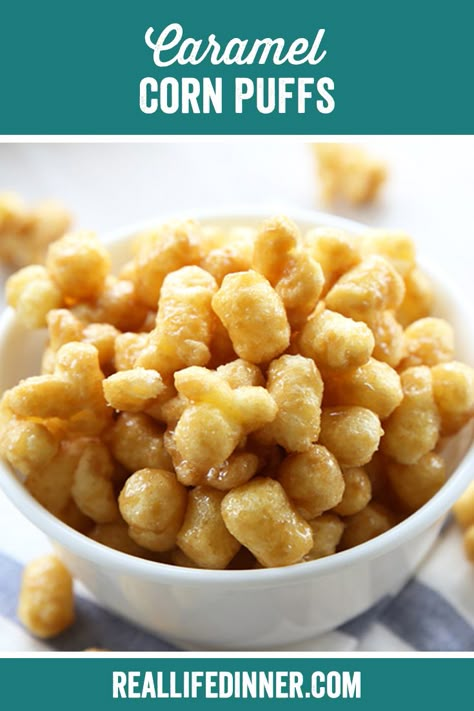 Caramel Corn Puffs {Hands Down, the BEST treat EVER!} ~ https://reallifedinner.com Caramel Corn With Puff Corn, Corn Puffs Caramel Corn, Sweet Corn Puffs, Puffed Corn Caramel Corn, Caramel Corn Puffs Recipe, Carmel Corn With Puff Corn, Puffed Corn Carmel Corn Popcorn Recipes, Caramel Corn Puffs, Christmas Puff Corn