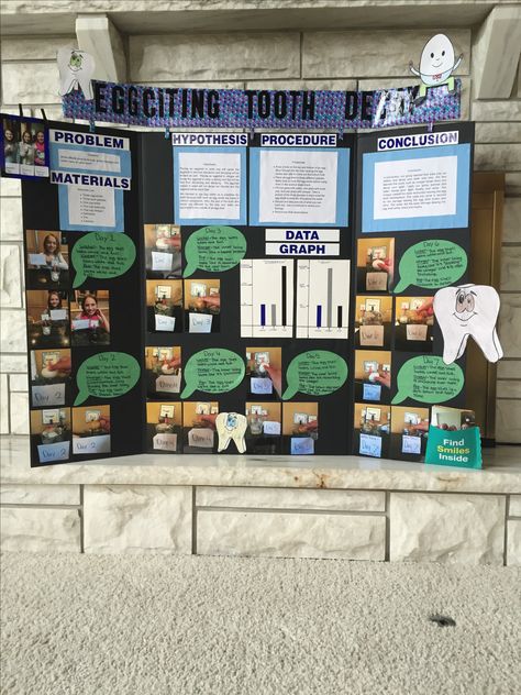 5th Grade Tooth decay science project Egg Tooth Decay Science Project, Tooth Decay Science Fair Project, 1st Grade Science Fair, Science Fair Display Board, Science Project Board, Kids Science Fair Projects, Science Fair Projects Boards, Rotten Teeth, Cool Science Fair Projects