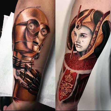 50 C3PO Tattoo Ideas For Men - Star Wars Designs Star Wars Droids Tattoo, Star Wars Droid Tattoo, Amidala Tattoo, Droid Tattoo, C3po Tattoo, Leg References, Star Wars Sleeve, Darth Vader Tattoo, Nerd Tattoo