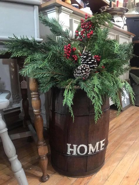 Christmas Barrel Planter, Outdoor Whiskey Barrel Christmas Decor, Christmas Wine Barrel Front Porch, Christmas Barrel Decor, Whiskey Barrel Christmas Decor, Diy Whiskey Barrel, Wine Barrel Garden, Entry Door Decor, Whiskey Barrel Decor