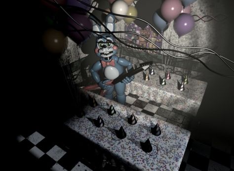 Toy Bonnie in party room Fnaf Crafts, Freddy 2, Fnaf Cosplay, The Marionette, Fnaf Oc, Fnaf Wallpapers, Party Room, Fnaf 1, Fnaf Movie