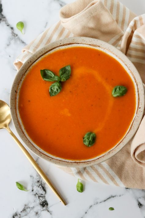 Sheet Pan Roasted Tomato-Carrot-Pepper Soup Veggie Grilled Cheese, Garlic Soup, Sweet Carrot, Red Bell Peppers, Pepper Soup, Roasted Cherry Tomatoes, Cheese Pairings, Carrot Soup, Roasted Tomato