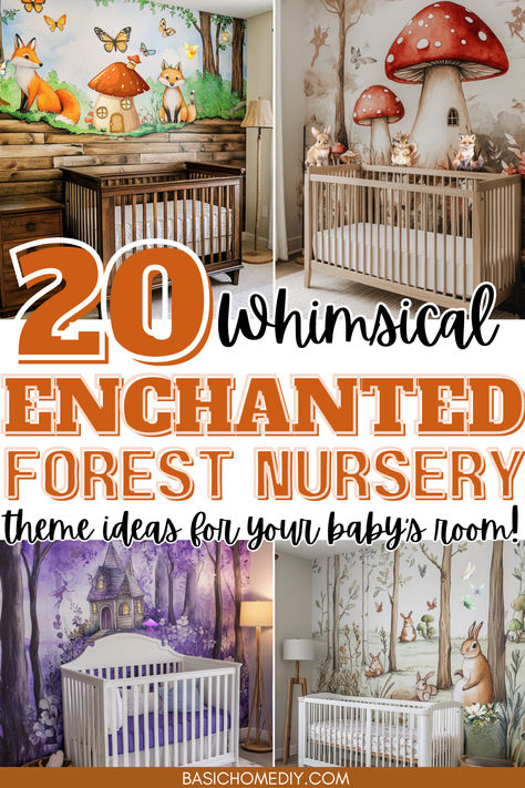 Find 20 whimsical enchanted forest nursery theme ideas for your baby's room. This magical nursery theme is perfect for a girl, a boy, or a gender-neutral baby room. Explore cozy decor with woodsy designs and forestry details. From wallpaper and murals to fairy lights and wall decals, create a mystical nursery filled with fairy forest charm. Add a woodland nursery rug, wall art, and treehouse decor to complete the room. Find inspiration for bedding, accent walls, and mushroom nursery decorations. Fairy Lights Nursery, Woodland Themed Nursery Girl, Woodland Theme Decor, Whimsical Garden Nursery, Enchanted Nursery Theme, Enchanted Forest Theme Room, Firefly Nursery, Mushroom Themed Nursery, Whimsical Forest Nursery